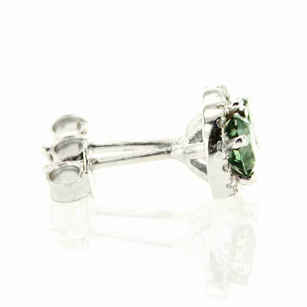 Diamond Halo Earrings Fancy Green Round VS2 0.92 TCW 14K White Gold - Picture 6 of 7
